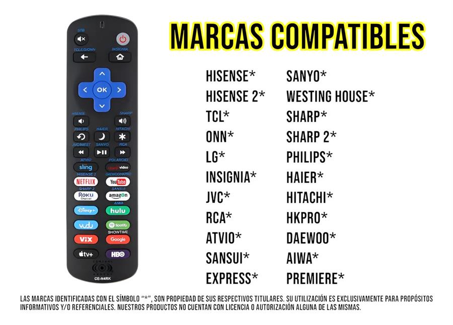 Control Remoto Universal Compatible Con Roku 4k compatible smart -tcl -. lg - onn - hisensse