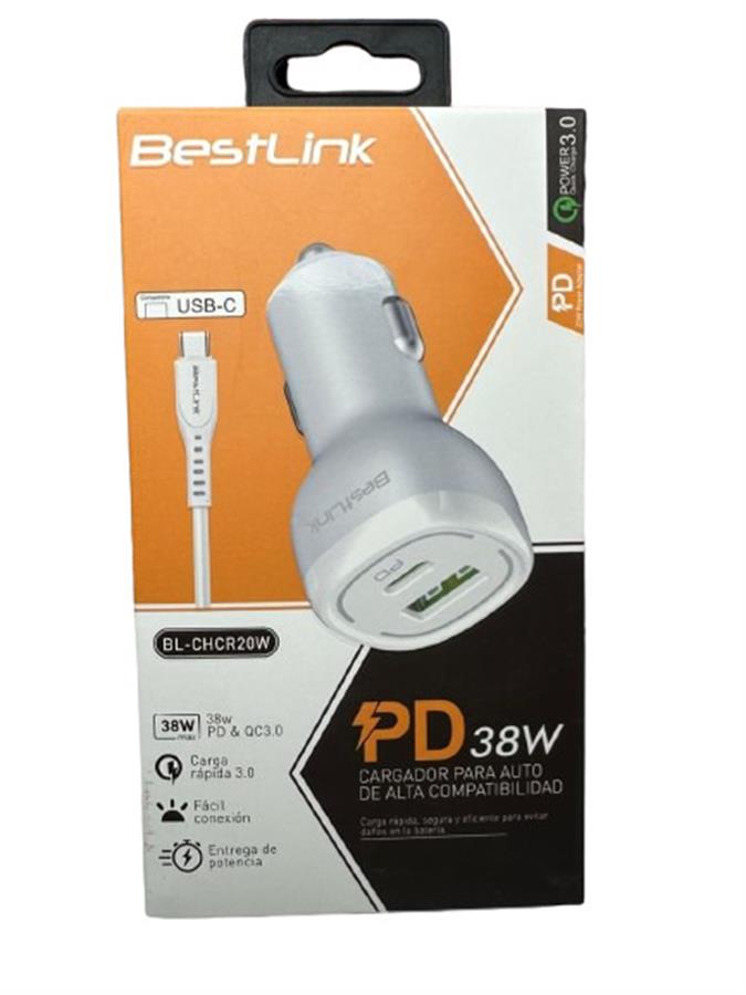 Cargador para Auto UsbC + USB 38W Negro Bestlink Bl-chcr20b